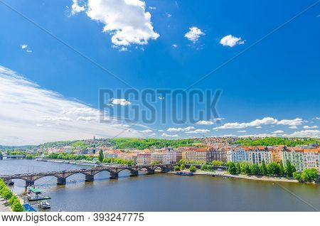 Aerial Panoramic View Of Prague City, Historical Center With Smichov District, Palackeho Most Bridge