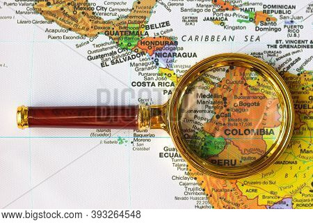 Lviv/ukraine-09 21 2020 : Colombia  And Other Countries  On A Map Of  South America  In A Defocused 