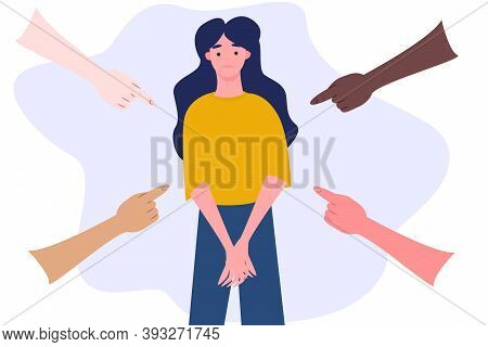 Vector Illustration Of Social Public Condemnation Of Young Woman. Sad Or Depressed Young Woman Surro