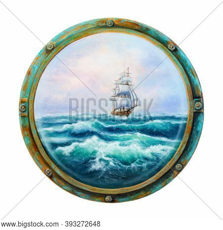 Original Oil Painting Showing  Ship   In  Stormy Ocean Or Sea Seen From Cabin Window Or Porthole On 