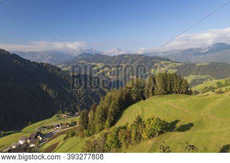 Valley In The Italian Dolomites, South Tyrol Region. A View Of The Beautiful La Valle With Its Beaut