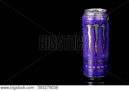 London, United Kingdom, 14th October 2020:- A Can Of Monster Zero Sugar Ultra Violet Energy Drink Is