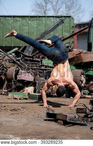 Handstand Push-up Man Workout At Industrial Junkyard