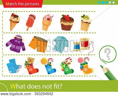 Logic Puzzle For Kids. What Does Not Fit? Ice Cream. Clothing. Christmas Boots With Gifts. Matching 