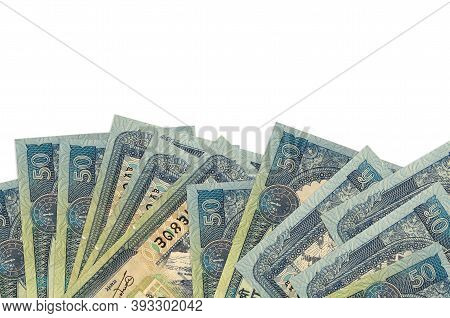50 Nepalese Rupees Bills Lies On Bottom Side Of Screen Isolated On White Background With Copy Space.