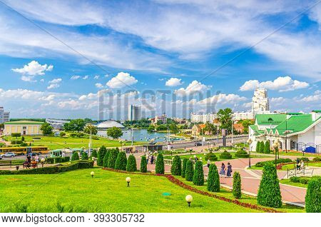 Minsk, Belarus, July 26, 2020: Cityscape Of Minsk City With Nemiga District, Traeckaje Trinity Subur