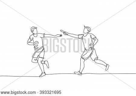 One Single Line Drawing Young Happy Runner Man Pass Baton Stick To His Teammate At Race Vector Graph