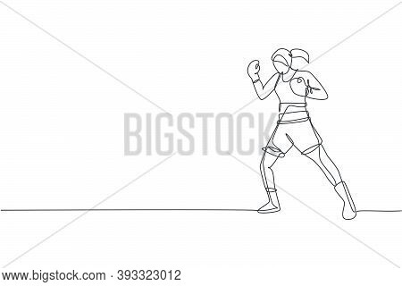 Single Continuous Line Drawing Of Young Agile Woman Boxer Stance Confidence At Sport Gym. Fair Comba