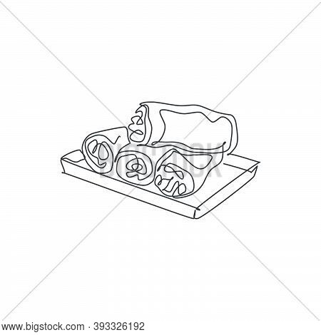 One Single Line Drawing Of Fresh Asian Spring Rolls Logo Graphic Vector Illustration. Chinese Snack 