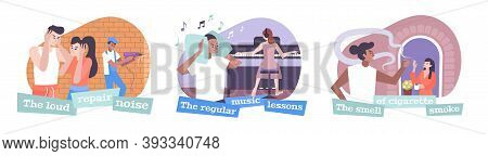 House Neighbors Set With Music And Cigarette Smoke Symbols Flat Isolated Vector Illustration