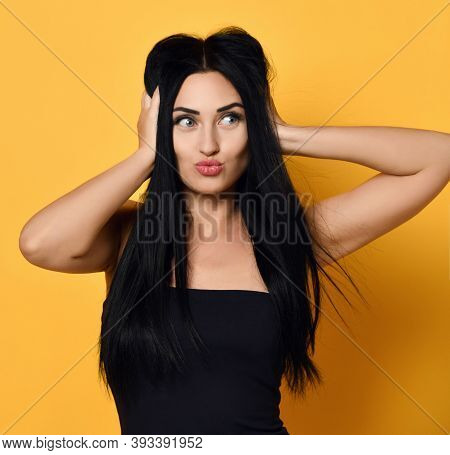 Portrait Of Surprised Happy Brunette Woman Holding Hands At Her Head Touching Her Perfect Recovered 