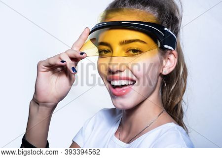 Happy Summer Girl Face With Sun Visor. Fashion Portrait Of Sexy Young Woman Close Up. Vogue Style Po