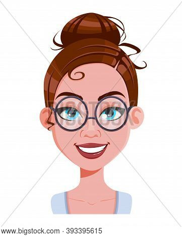 Stock Vector. Face Expression Of Beautiful Woman In Glasses, Cheerful. Female Emotion. Cute Cartoon 