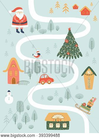 Christmas Map. Winter Holidays Road Map. Christmas Village House. Winter Board Game Map, Forest Sant