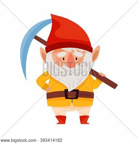 Bearded Gnome Character With Red Pointed Hat Holding Pickaxe Vector Illustration