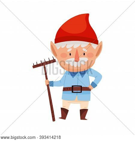White Bearded Gnome Character With Red Pointed Hat Holding Rake Vector Illustration