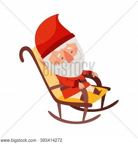 Bearded Gnome Character With Red Pointed Hat Sleeping In Rocking Chair Vector Illustration