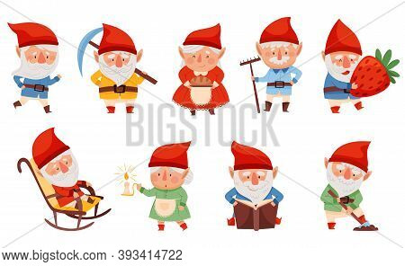 Fantastic Male And Female Gnome Character With Red Pointed Hat Vector Illustration Set