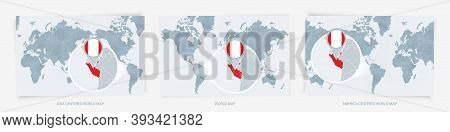 Three Versions Of The World Map With The Enlarged Map Of Peru With Flag. Europe, Asia, And America C
