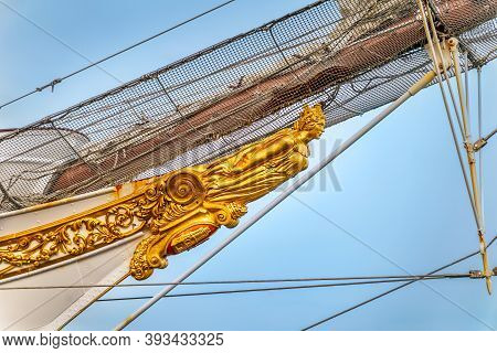 Szczecin, Poland, June 2019 Closeup On Figurehead Or Ship Bow Figure Of Famous Tall Ship Juan Sebast