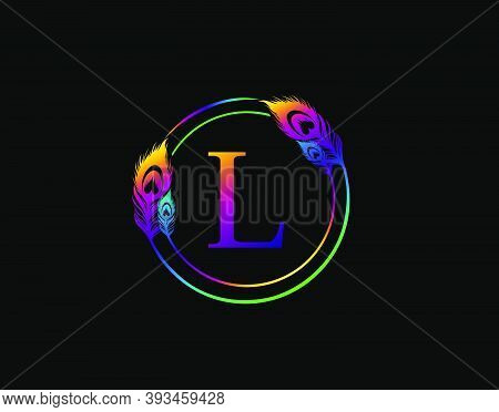 L Letter Decorated With Exotic Peacock Feather. Circle Badge With Peacock Feather.