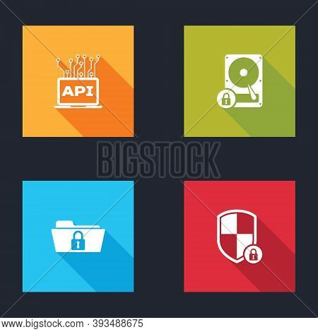 Set Computer Api Interface, Hard Disk Drive And Lock, Folder And Shield Security With Icon. Vector