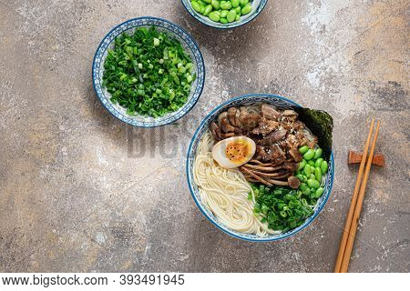 Shio Ramen Soup With Chicken, Mushrooms, Onion And Egg, Flat Lay Copy Space