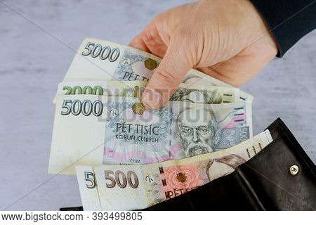Czech Korun That A Man Takes Out Of His Wallet, Czech Republic Banknotes