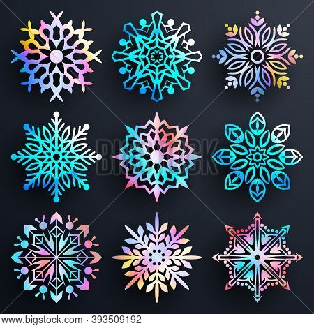 Snowflake Vector Gradient Icon Background Set. Winter Christmas Snowflake Crystal Element. Collectio