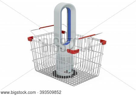 Bladeless Air Fan Inside Shopping Basket, 3d Rendering Isolated On White Background
