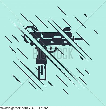 Black Uzi Submachine Gun Icon Isolated On Green Background. Automatic Weapon. Glitch Style. Vector