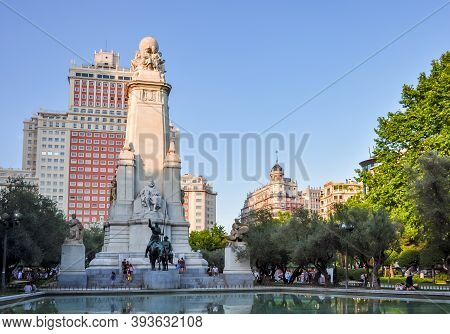 Don Quixote And Sancho Panza Monument On Spain Square In Madrid, Spain - June 2018