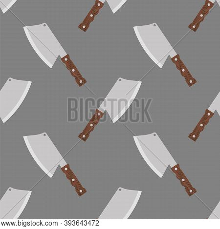 Knives Seamless Pattern On Grey Background. Kitchen Accessories.