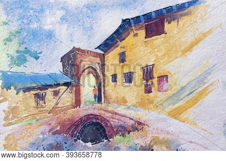 Bright Watercolour Painting Of Houses And A Gate, A Man Passing Through. Indian Watercolour Painting