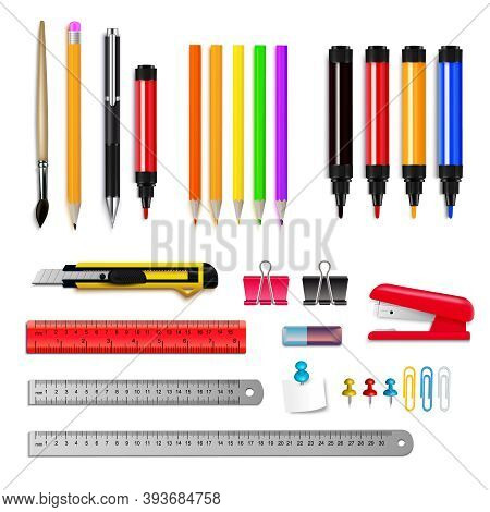 Stationery Assortment Set Of Rulers Pencils Markers And Other Items Isolated On White Background Rea