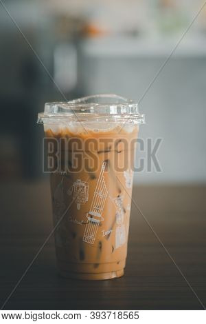 Samut Prakan, Thailand - November 8, 2020 : Iced Mocha Coffee Take Away At Inthanin Coffee Shop. Int