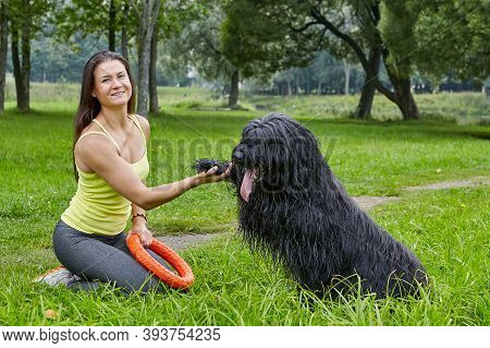 Briard Gives Paw To His Female Owner In City Garden At Daytime During Walking.