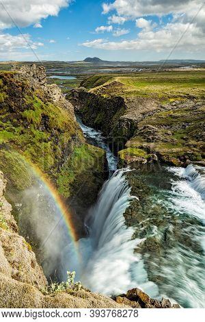 Huldufoss Waterfall Along The Road To Langisjor Lake In A Summer Sunny Day, Iceland