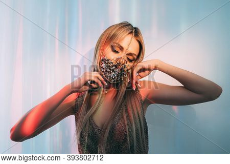 Covid-19 Party. Neon Light Portrait. Freedom Tranquility. Healing Energy. Sensual Woman In Chain Gem