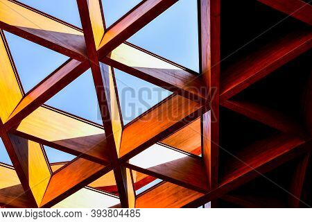 Roofing Construction. Wooden Roof Frame House Construction. Abstract Structure Background. Wood Text