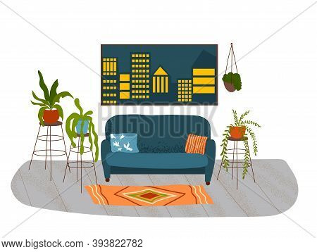 Beautiful Living Room With Lots Of Plants, Scandi Style. Hand-drawn With Noise Texture.