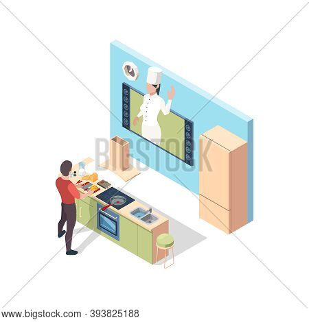 Cooking Online. Preparing Food Broadcasting Lesson Chef Teaching In Kitchen Online Vector Isometric 