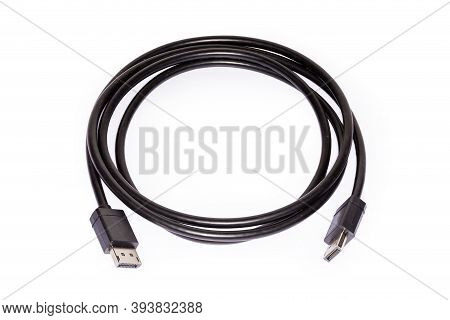 Displayport Cable With Full-size Connectors For Connect Computer To Monitor On A White Background