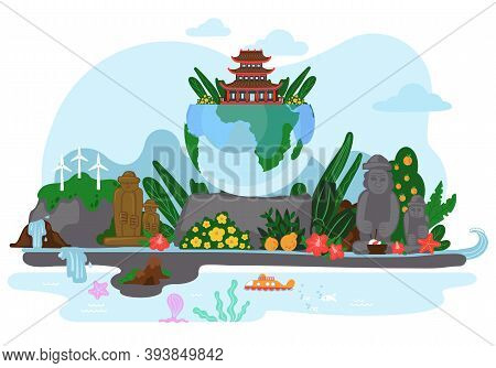 Asian Landscape With Orange Tree, Waterfall, Mountains And Stone Figures, Tropical Flowers On The Bu