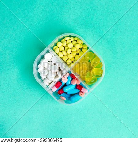 Medicines, Medications In A Pill Box. Square Format. View From Above