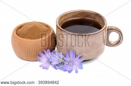 Crushed Chicory In Wooden Bowl, Cichorium Flowers And Cup Of Drink With Chicory Isolated On White Ba