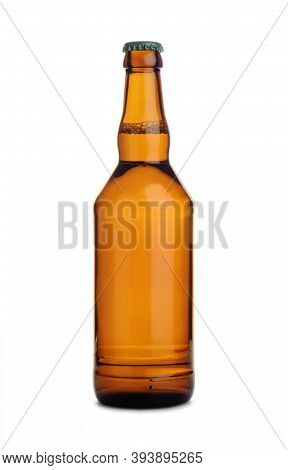 Brown Glass Bottle Of Beer With Metallic Cap Isolated On White Background.