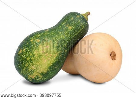 Two Small Green And Yellow Ripe Pumpkins Isolated On White Background.