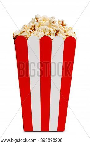 Delicious Popcorn In Decorative Paper Popcorn Bucket Isolated On White Background.