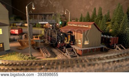 Retro Lokomotive Train In A Depot. Replica Model Of Lokomotive.